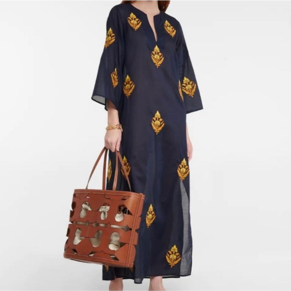 Tory Burch Embroidered‎ Cotton Caftan Size Small Navy Blue NEW Without Tag